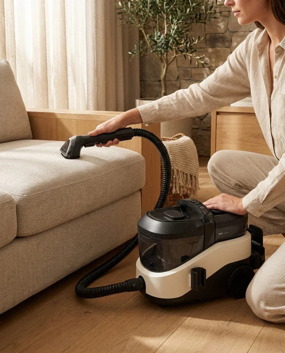 Vrouw die een bank stofzuigt met een compacte natdroge stofzuiger op een houten vloer.