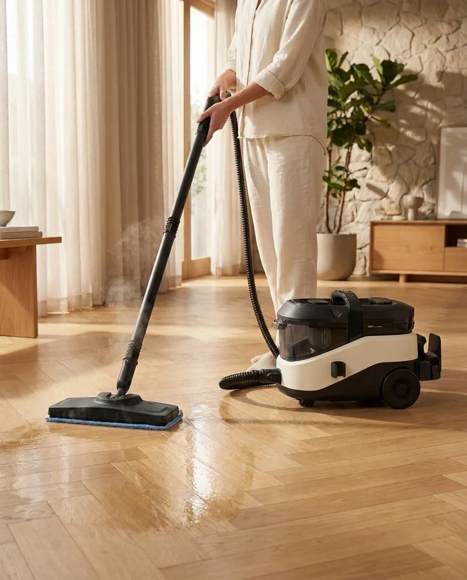 Persoon die een houten vloer reinigt met een professionele spray-extractie stofzuiger.