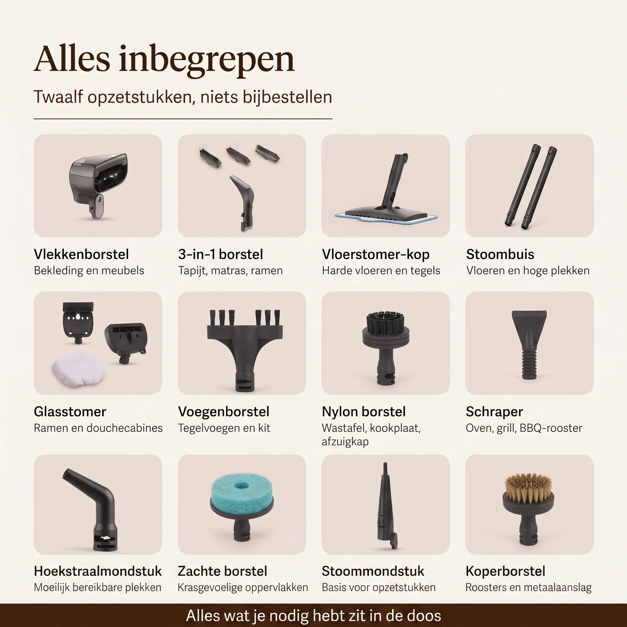 Overzicht van twaalf verschillende opzetstukken voor een stoomreiniger voor diverse schoonmaaktaken.