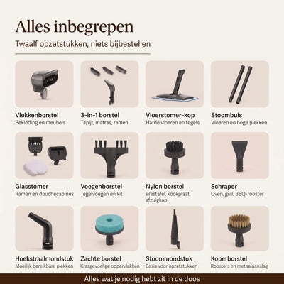 Overzicht van twaalf verschillende opzetstukken voor een stoomreiniger voor diverse schoonmaaktaken.