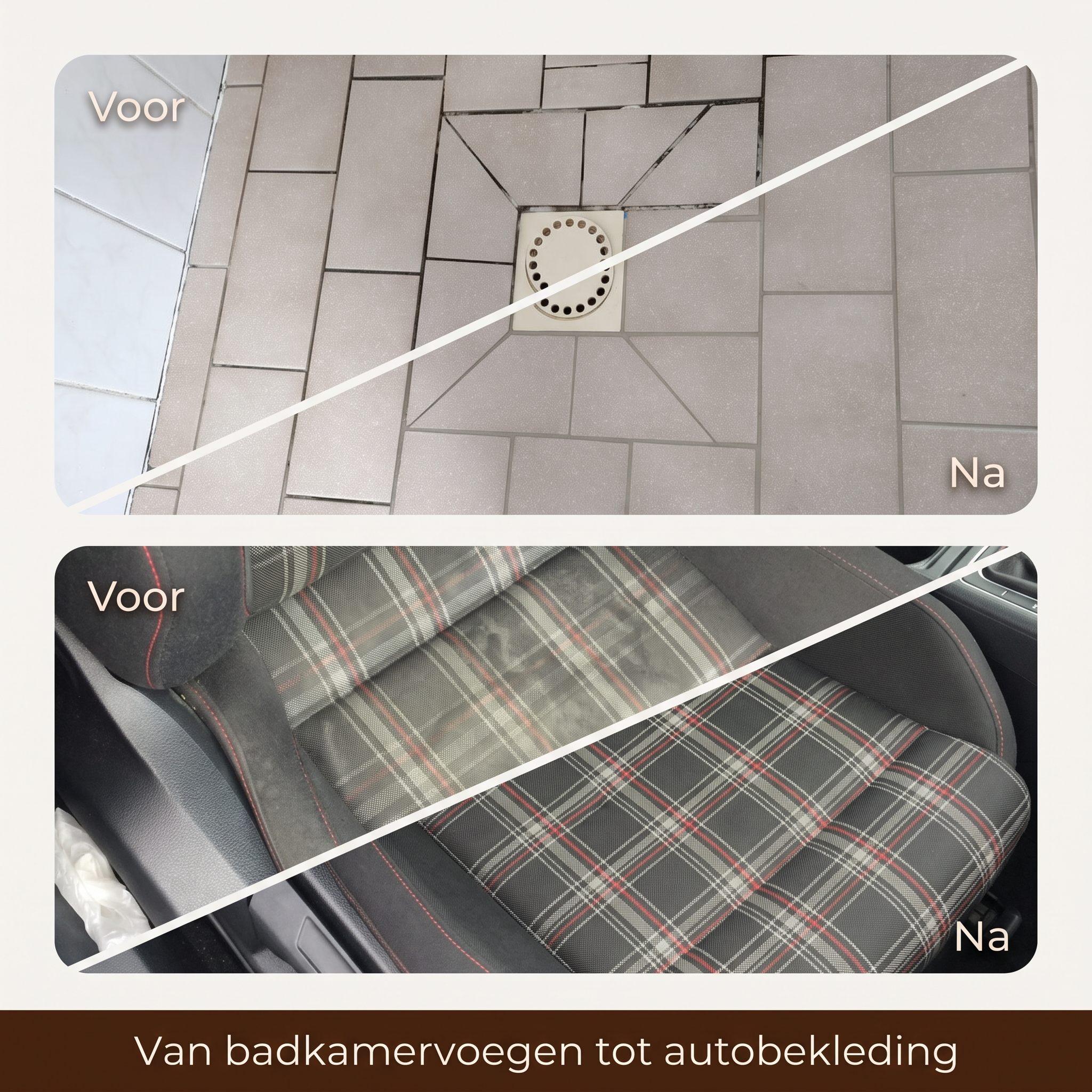 Voor en na resultaat van het schoonmaken van badkamervoegen en autostoel bekleding.