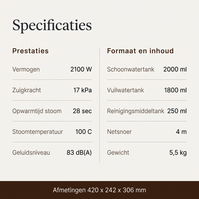 Overzicht van technische specificaties van een schoonmaakapparaat, inclusief vermogen en afmetingen.